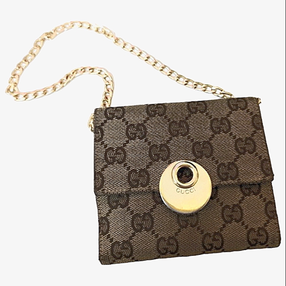 GUCCI GUCCISIMA AUTHENTIC SIGNATURE MONOGRAM CANVAS WALLET W/GOLD CHAIN HARDWARE